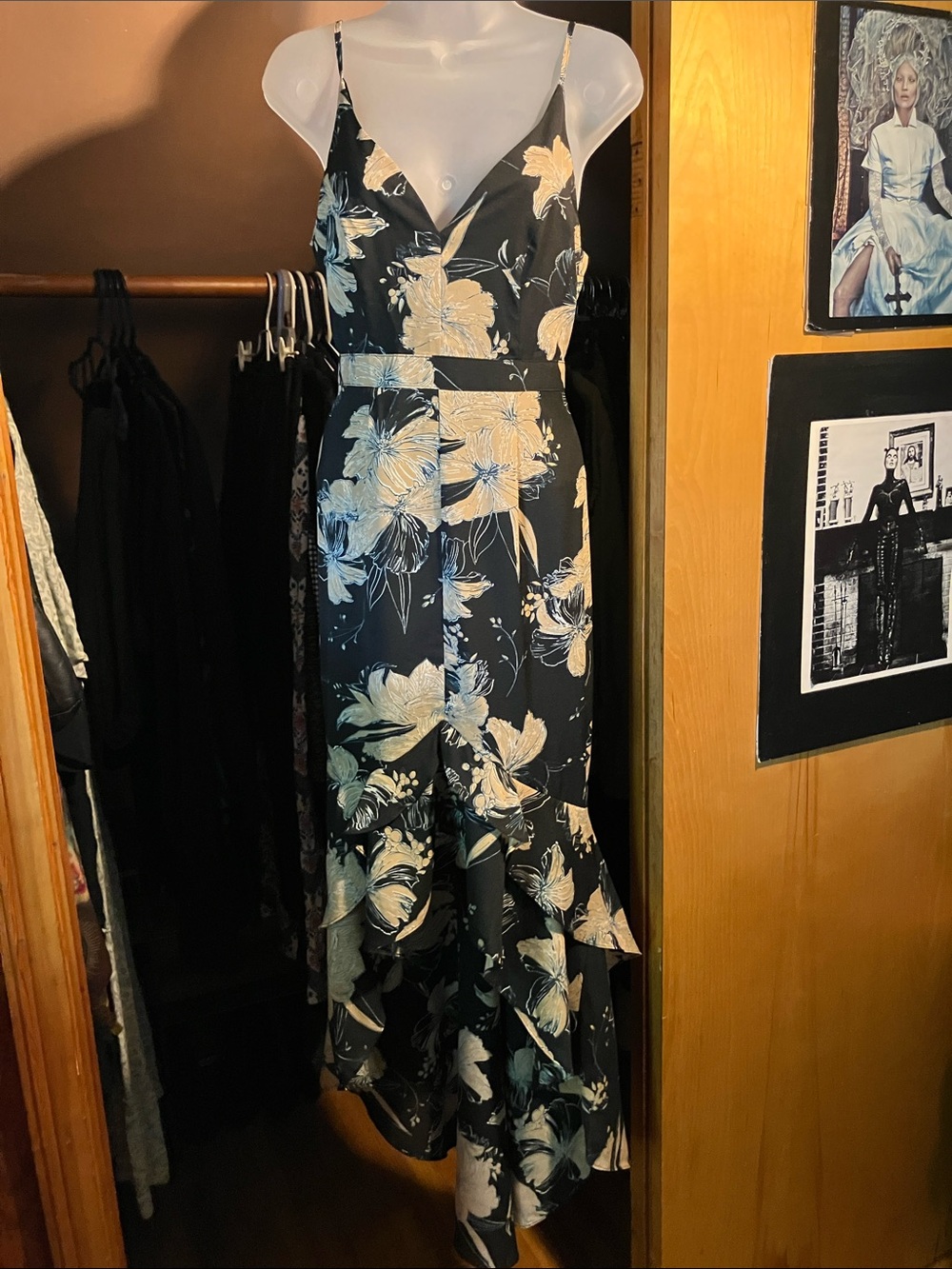 Lulu's Black & Pink Floral Print Asymmetrical Ruffle Tank Dress
